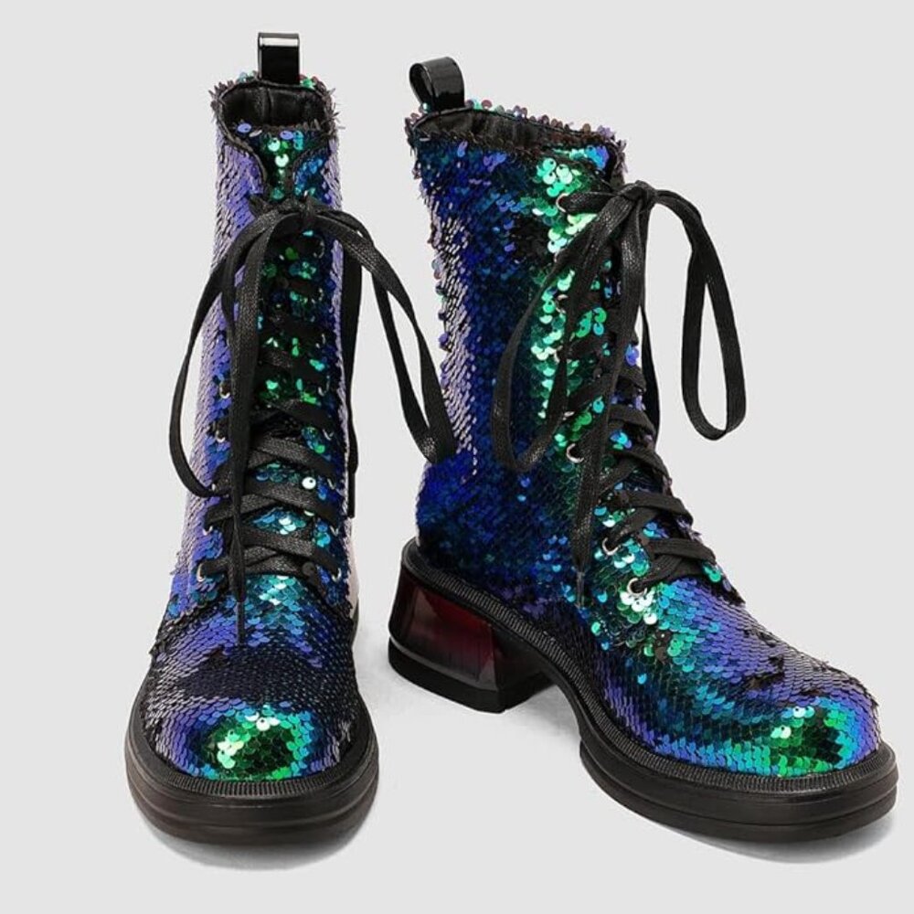 Caradise Womens Lace Up Glitter Combat Boots Chunky Heel Sequin Ankle Booties